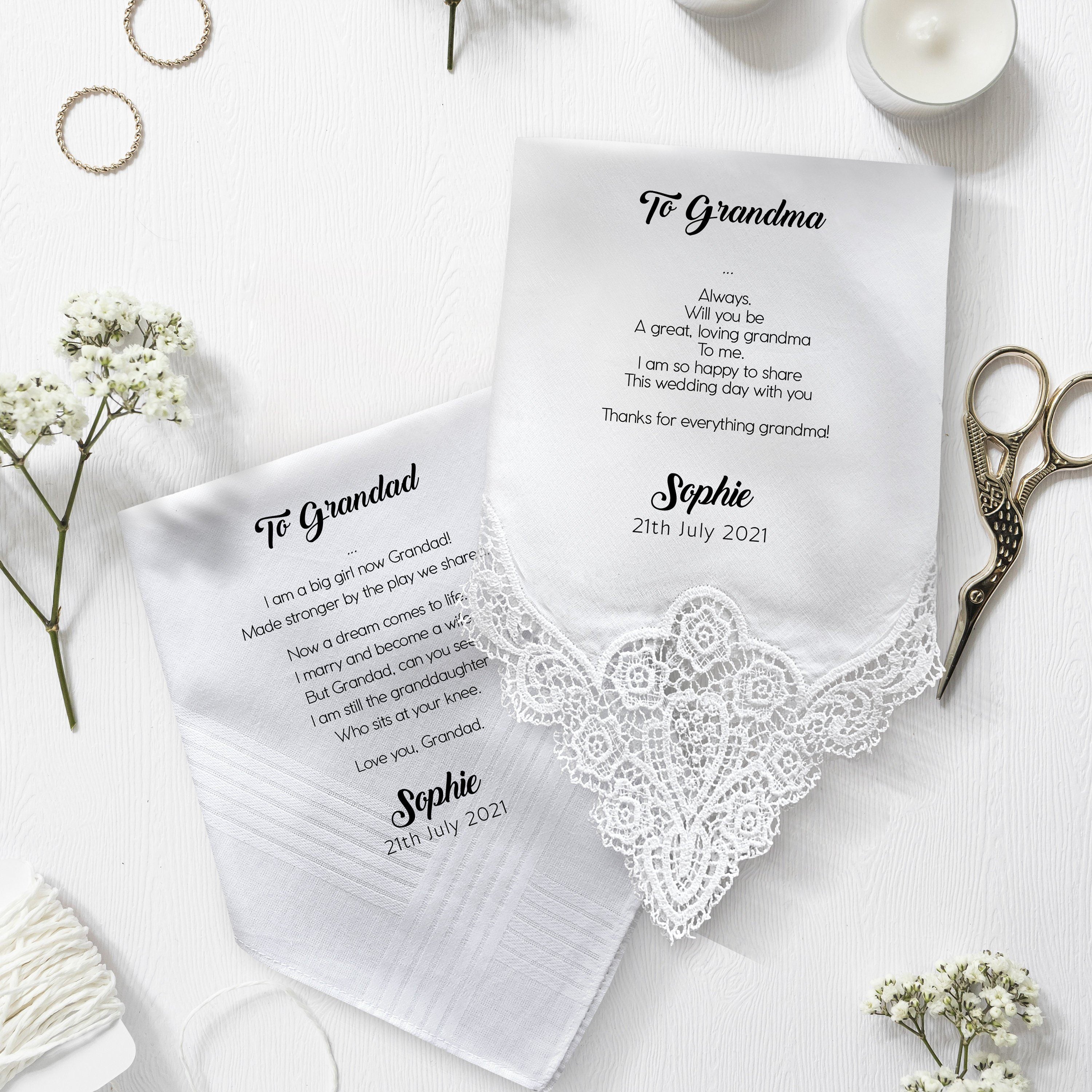 Personalised wedding handkerchief gift from bride to grandad and grandma