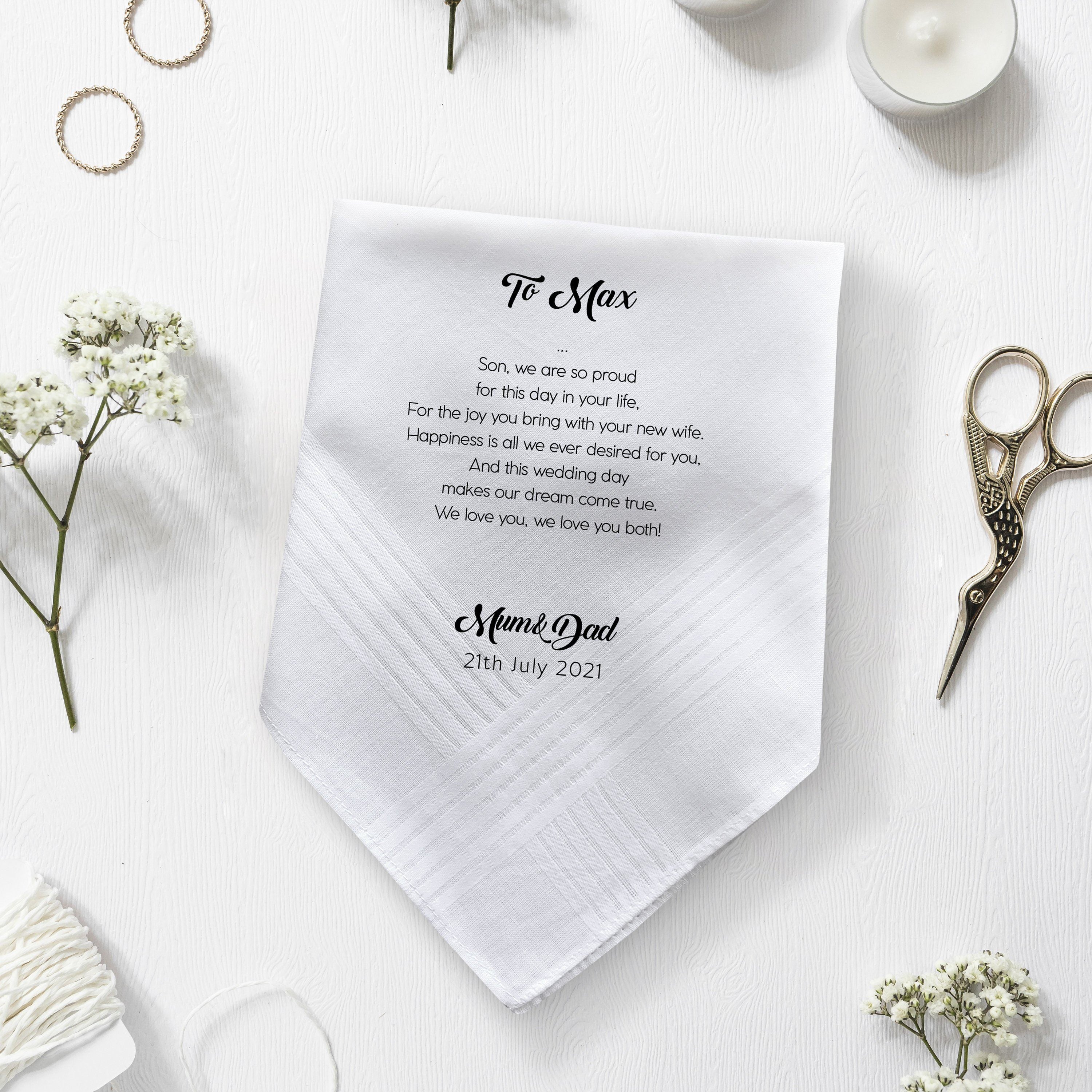 Personalised wedding handkerchief gift from father and mother of the groom to the bride
