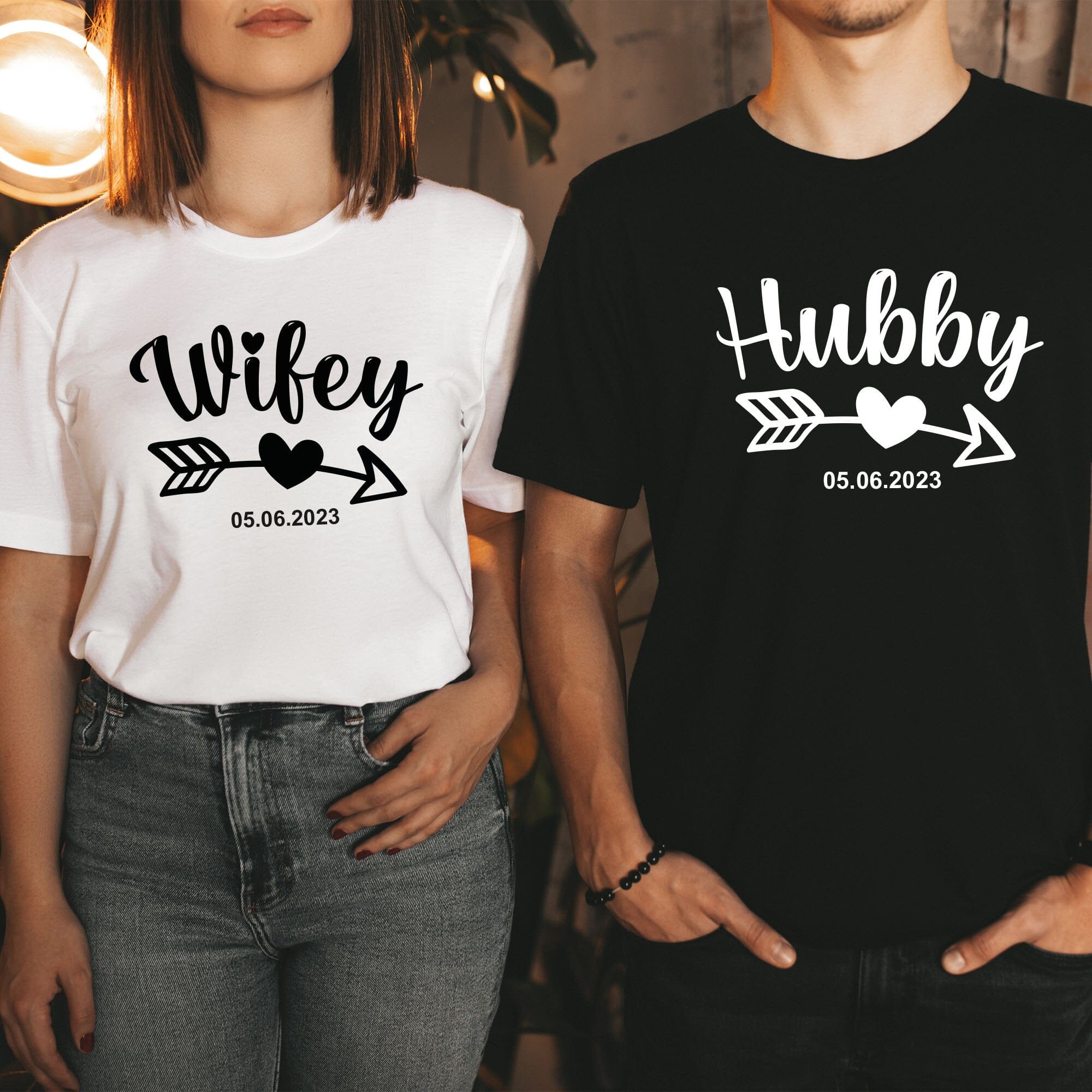 Personalised Wifey Hubby T-shirt with Wedding Date, Bride Groom Mr Mrs engagement gift