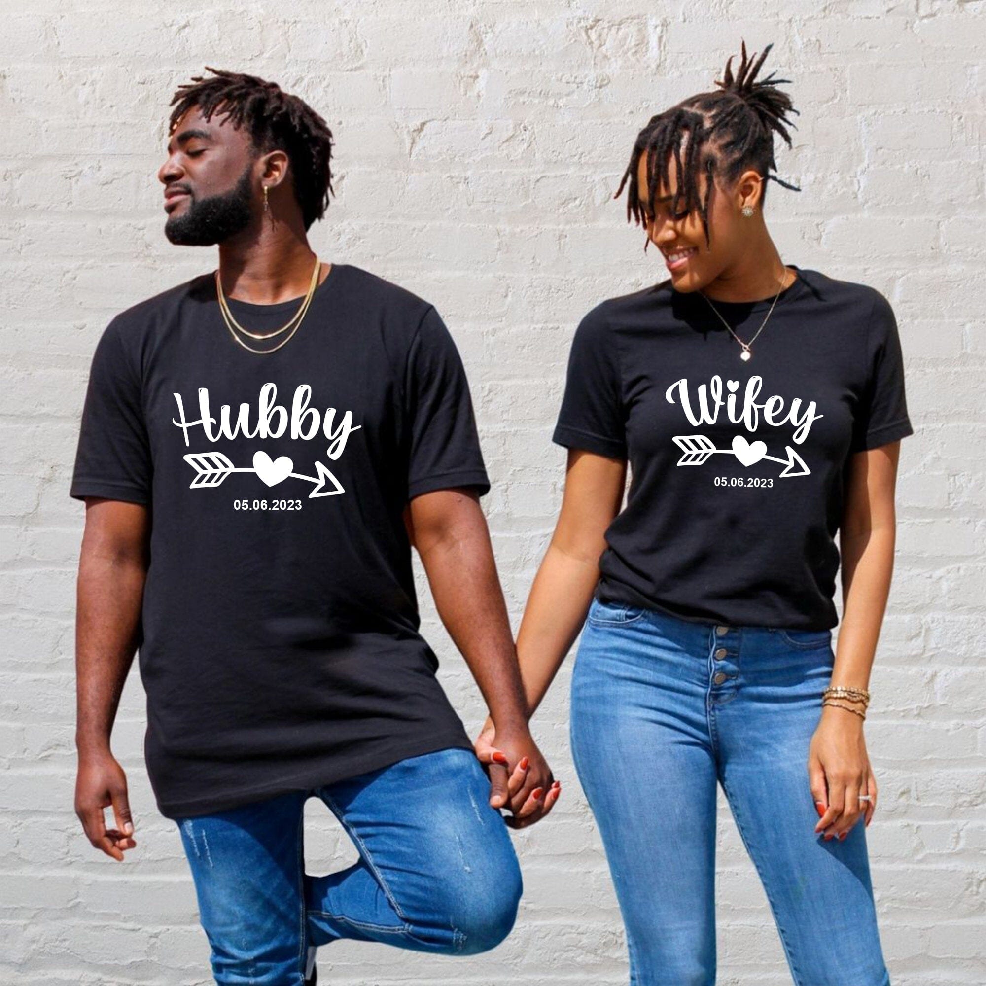Personalised Wifey Hubby T-shirt with Wedding Date, Bride Groom Mr Mrs engagement gift