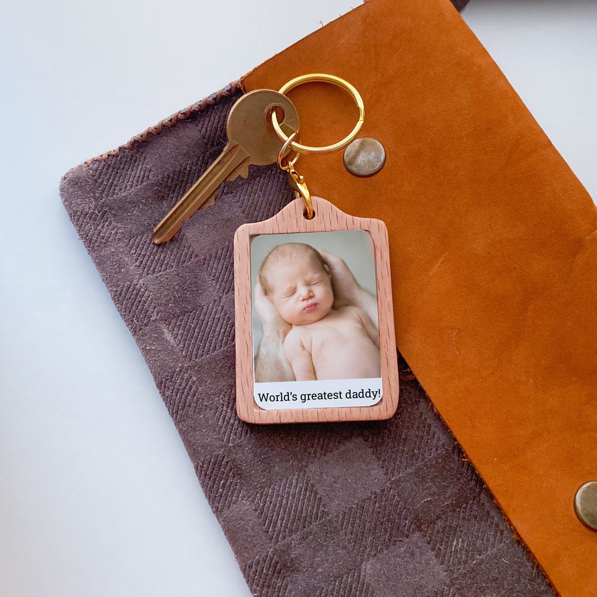 Personalised Wooden Photo Keyring With Text, Father'S Day Gift, Keepsake For Him Dad Uncle Grandad, Christmas Birthday