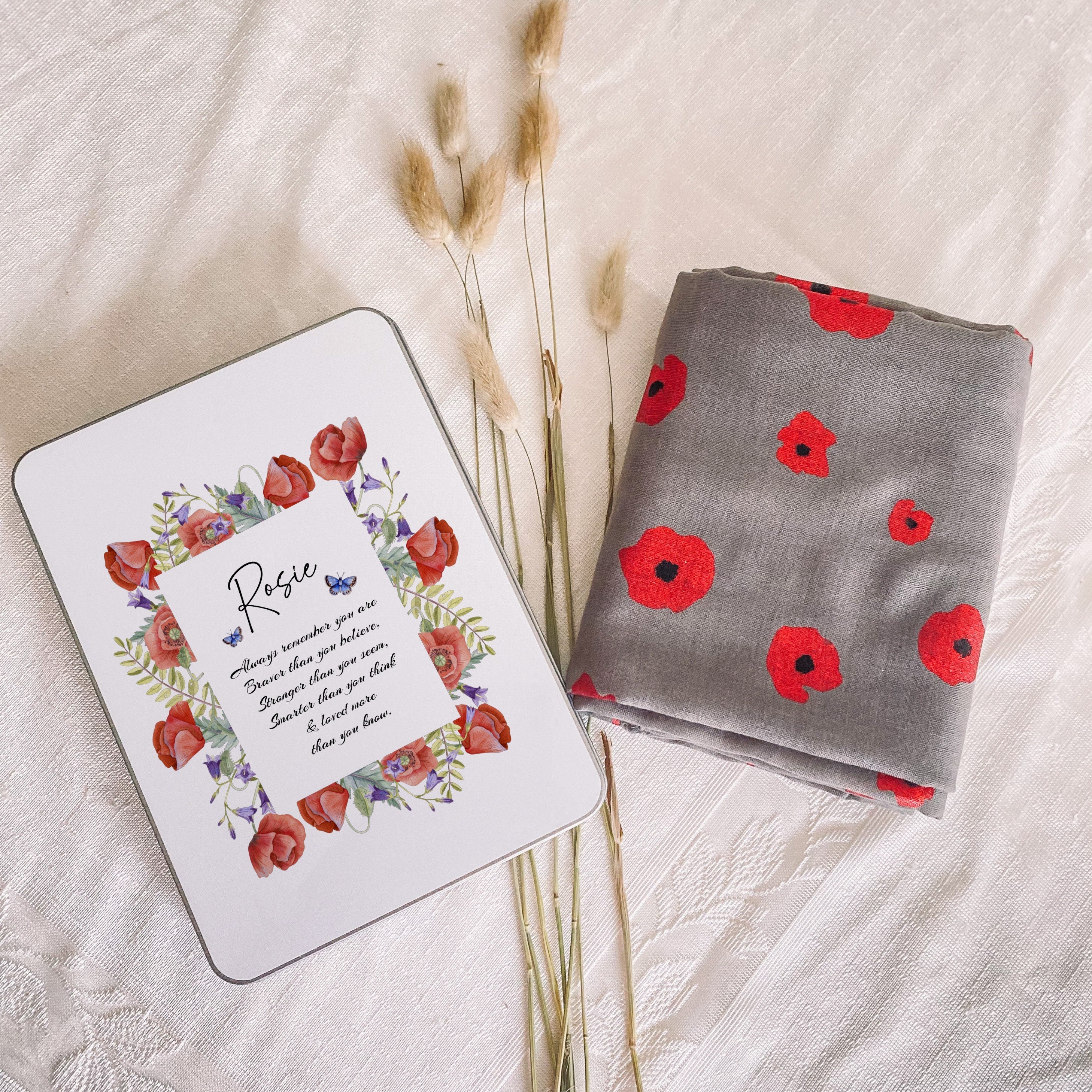 Poppy Cotton Scarf In A Personalised Metal Gift Box, Gift For Her, Inspirational Gift