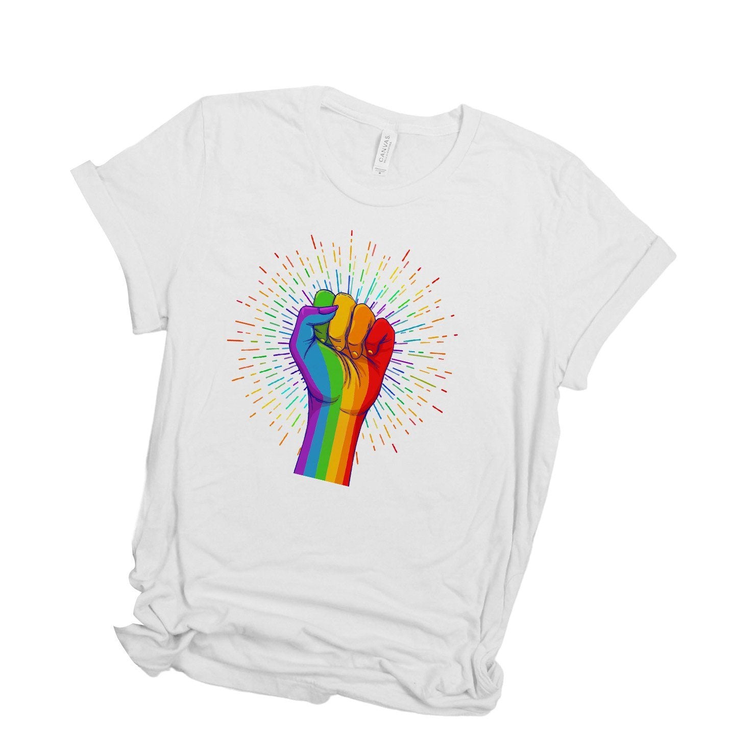 Pride t-shirt, UNISEX tee, Rainbow Coloured Hand With a Fist Raised Up, LGBTQ shirt, Pride Week