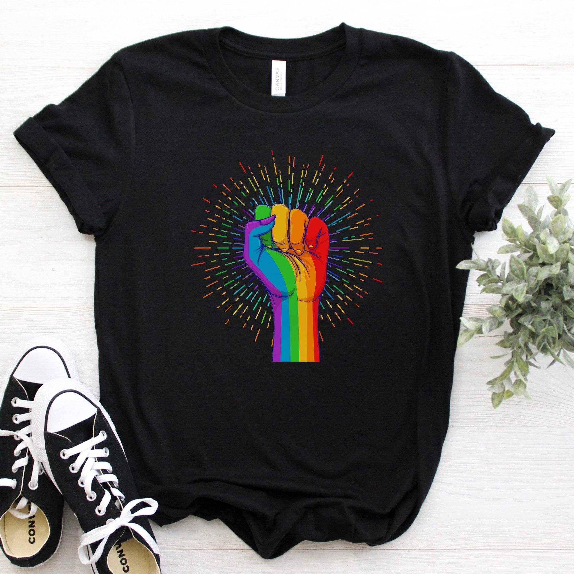 Pride t-shirt, UNISEX tee, Rainbow Coloured Hand With a Fist Raised Up, LGBTQ shirt, Pride Week