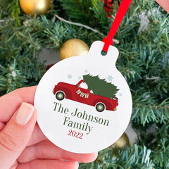 Red Truck Christmas Ornament With The Family Name, Personalised Last Name Xmas Decoration