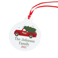 Red Truck Christmas Ornament With The Family Name, Personalised Last Name Xmas Decoration