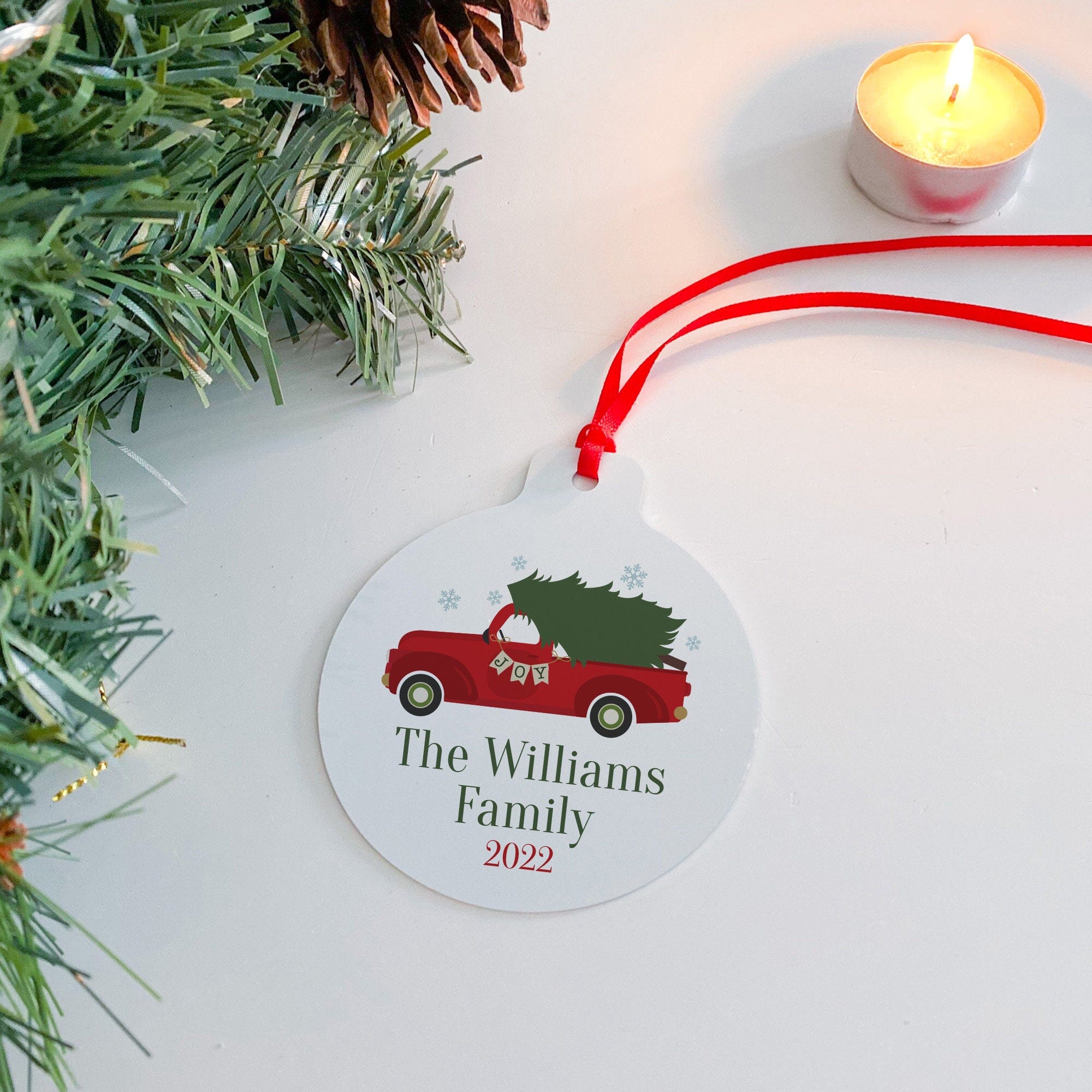 Red Truck Christmas Ornament With The Family Name, Personalised Last Name Xmas Decoration