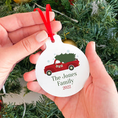 Red Truck Christmas Ornament With The Family Name, Personalised Last Name Xmas Decoration