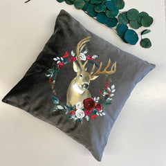 Reindeer and Christmas flowers velvet Cushion, Christmas decor, 6 colours