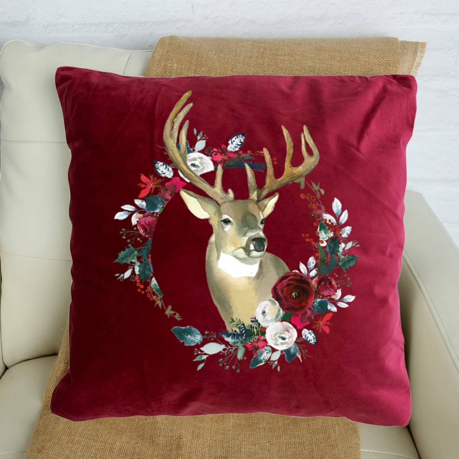 Reindeer and Christmas flowers velvet Cushion, Christmas decor, 6 colours