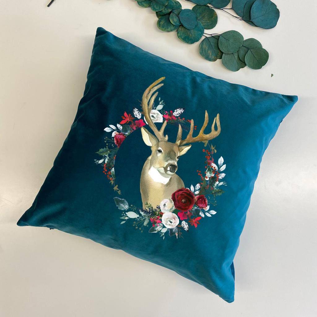 Reindeer and Christmas flowers velvet Cushion, Christmas decor, 6 colours