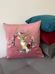Reindeer and Christmas flowers velvet Cushion, Christmas decor, 6 colours