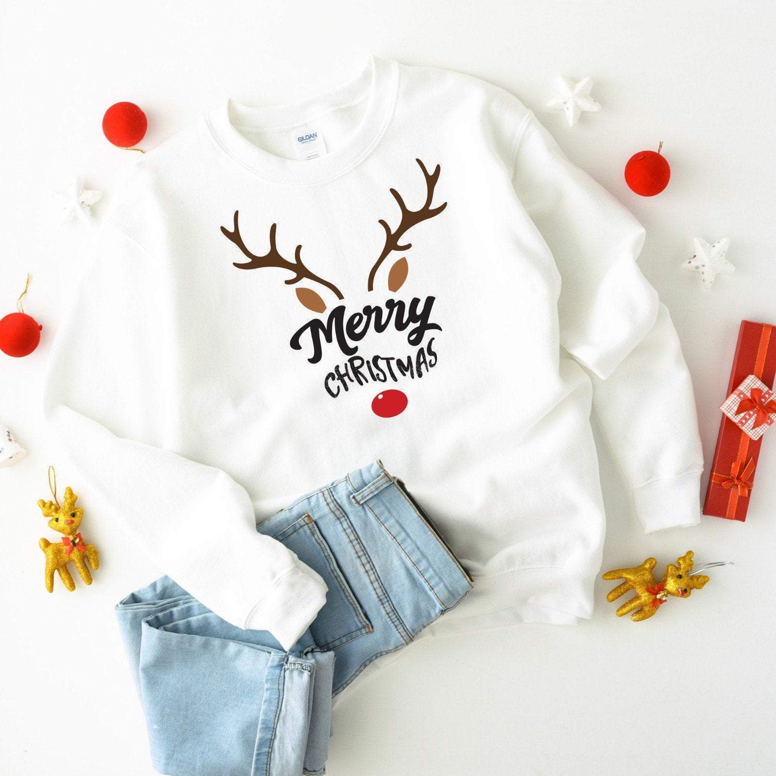 Reindeer Merry Christmas Jumper & Sizes Rudolph Matching Family Outfits