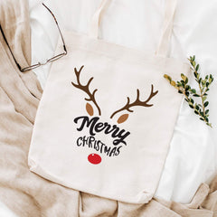 Reindeer Merry Christmas Tote Bag, Gift For Her, Rudolph Christmas Gift Bag, Shopping Bag