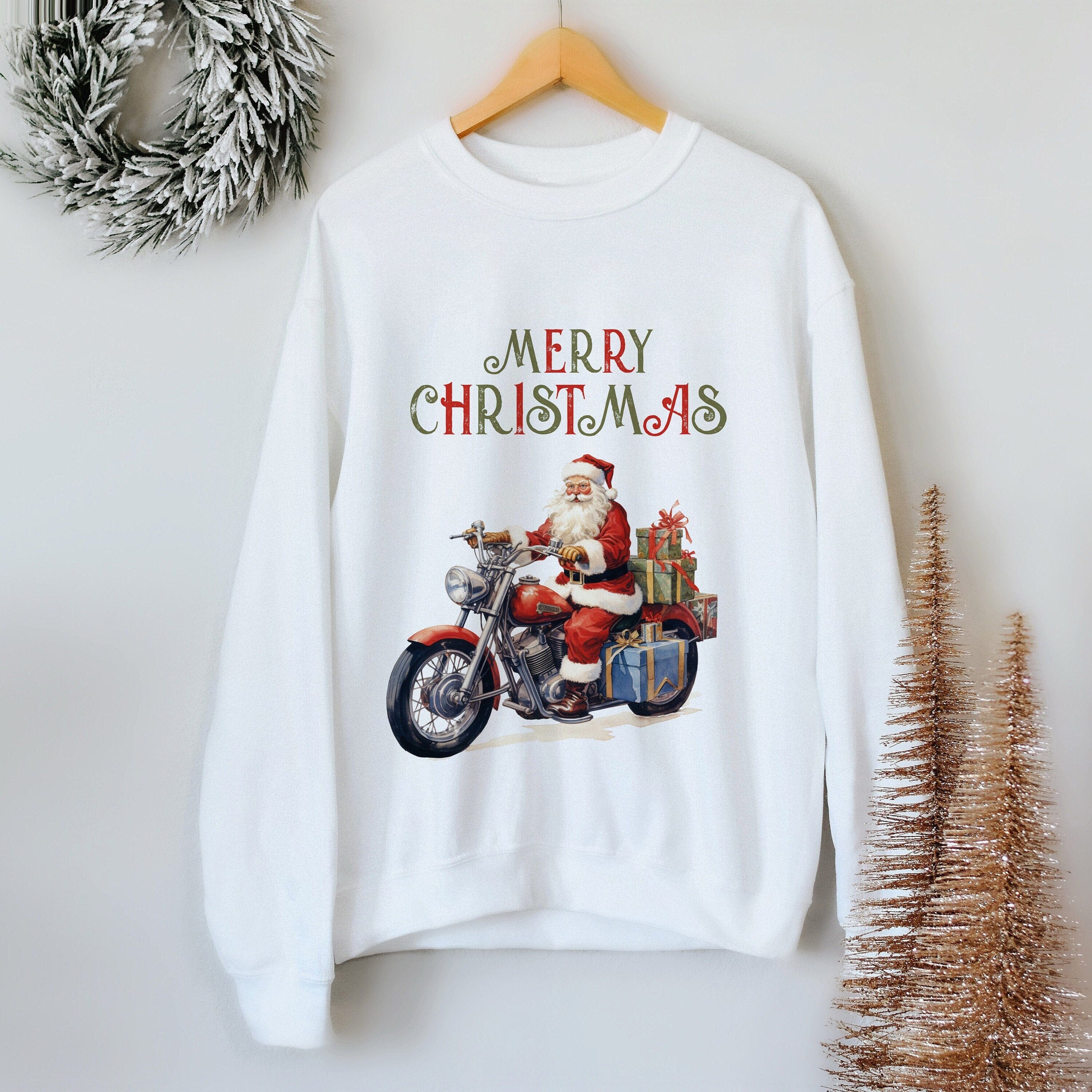 Retro Santa On Motorbike Unique Christmas Jumper, Funny Unisex Adult & Kids, Men Or Women Sweatshirt