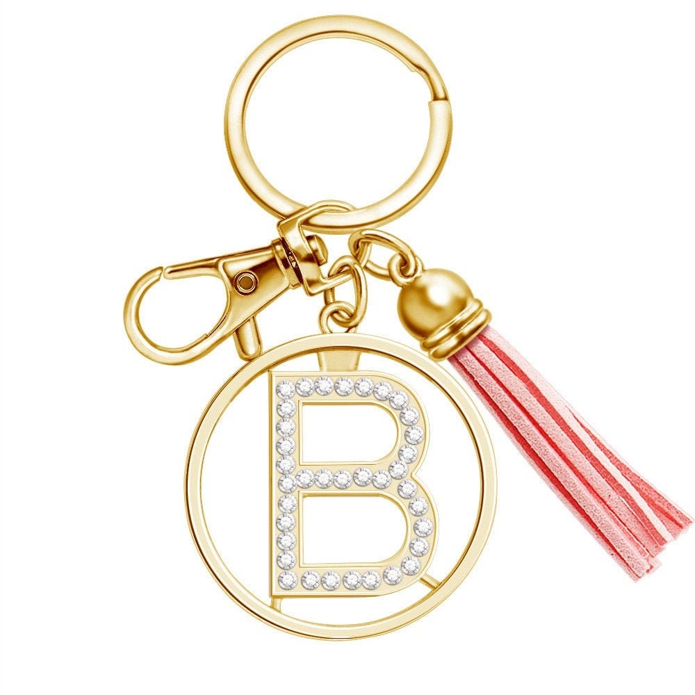 Rhinestone Alphabet Keychain With Pink Tassel, Initial Alphabet Keychain, Personalised Gift For Her