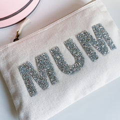 Rhinestone Letter mum makeup bag, Fairtrade Cotton Canvas, Mother's Day Birthday Christmas