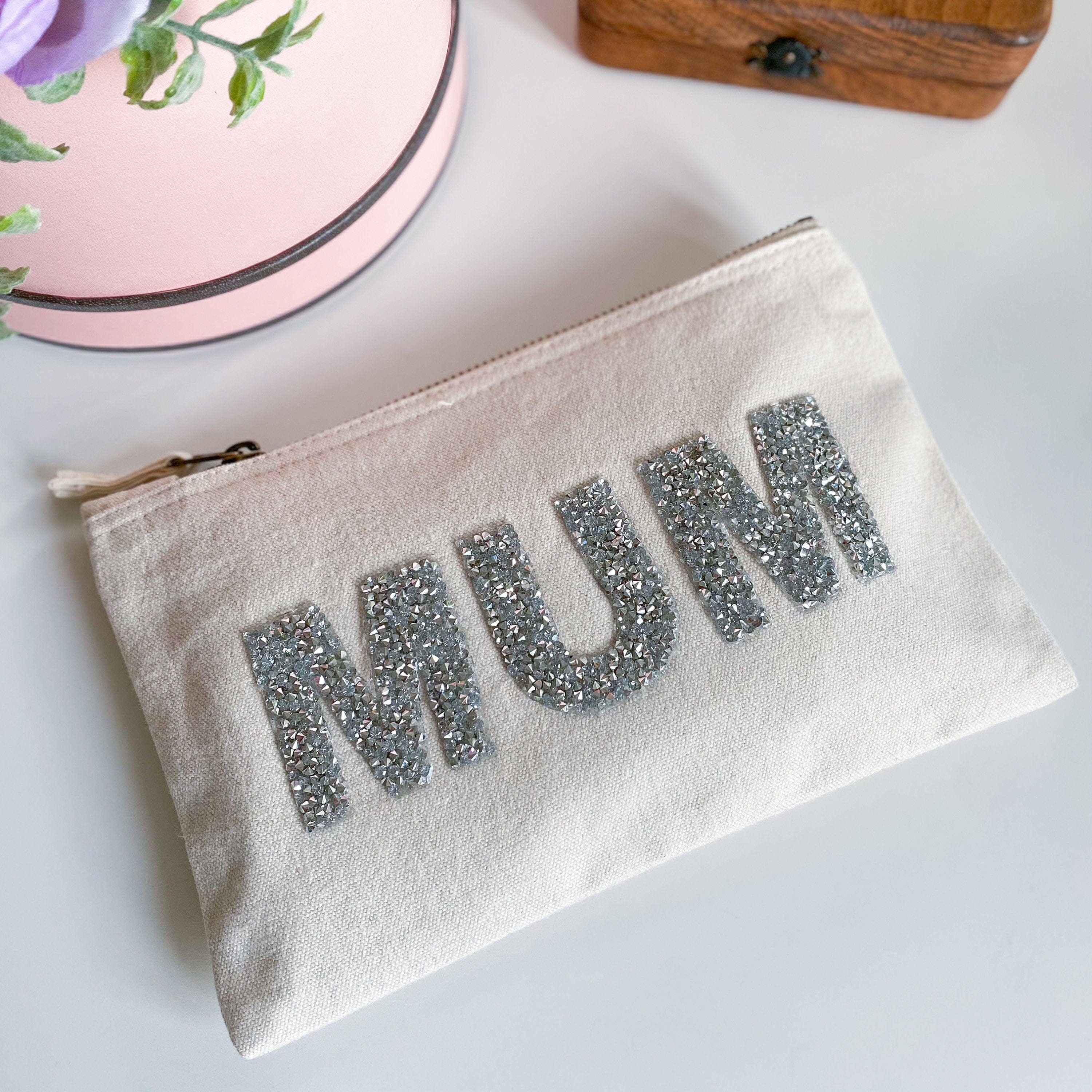 Rhinestone Letter mum makeup bag, Fairtrade Cotton Canvas, Mother's Day Birthday Christmas