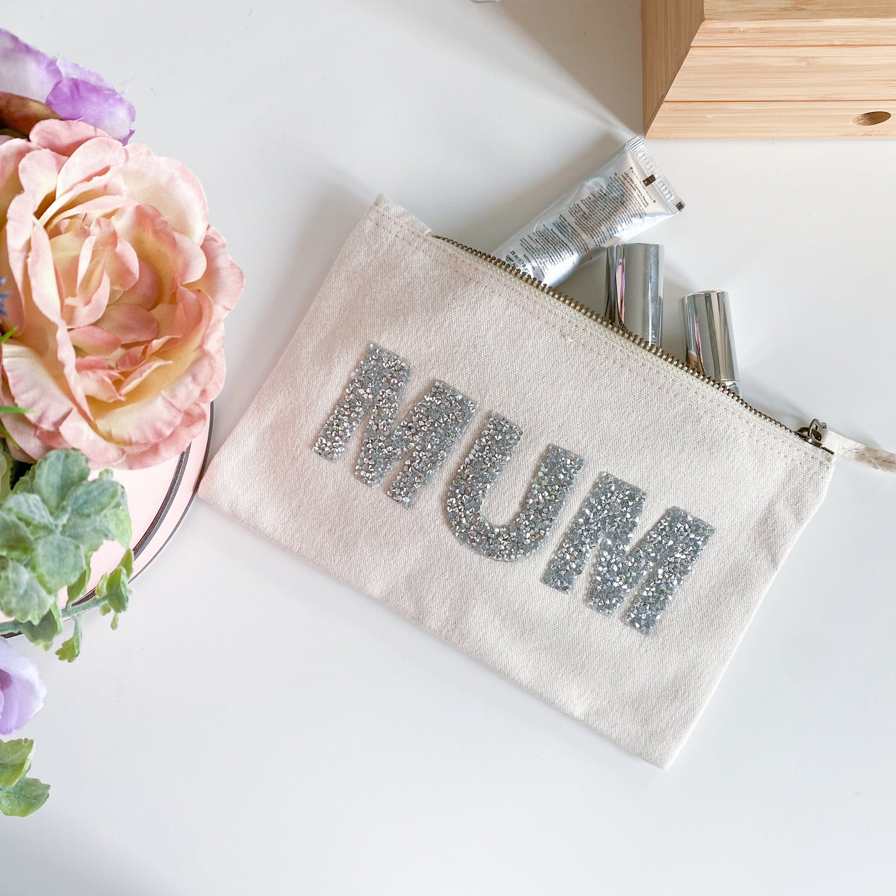 Rhinestone Letter mum makeup bag, Fairtrade Cotton Canvas, Mother's Day Birthday Christmas