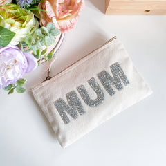 Rhinestone Letter mum makeup bag, Fairtrade Cotton Canvas, Mother's Day Birthday Christmas