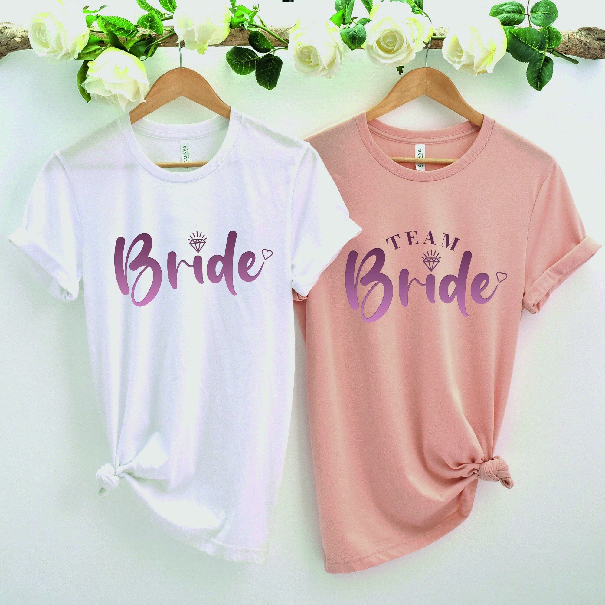 Rose Gold Foil bride and team bride T-shirt Diamond Bridal Mauve Peach Hen Bachelorette Party Top