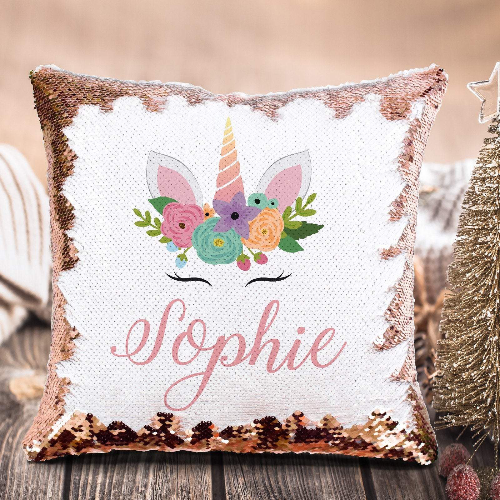 Sequin Unicorn Cushion Cover with name, Personalised Sequin Pillow, Girls Bedroom decor