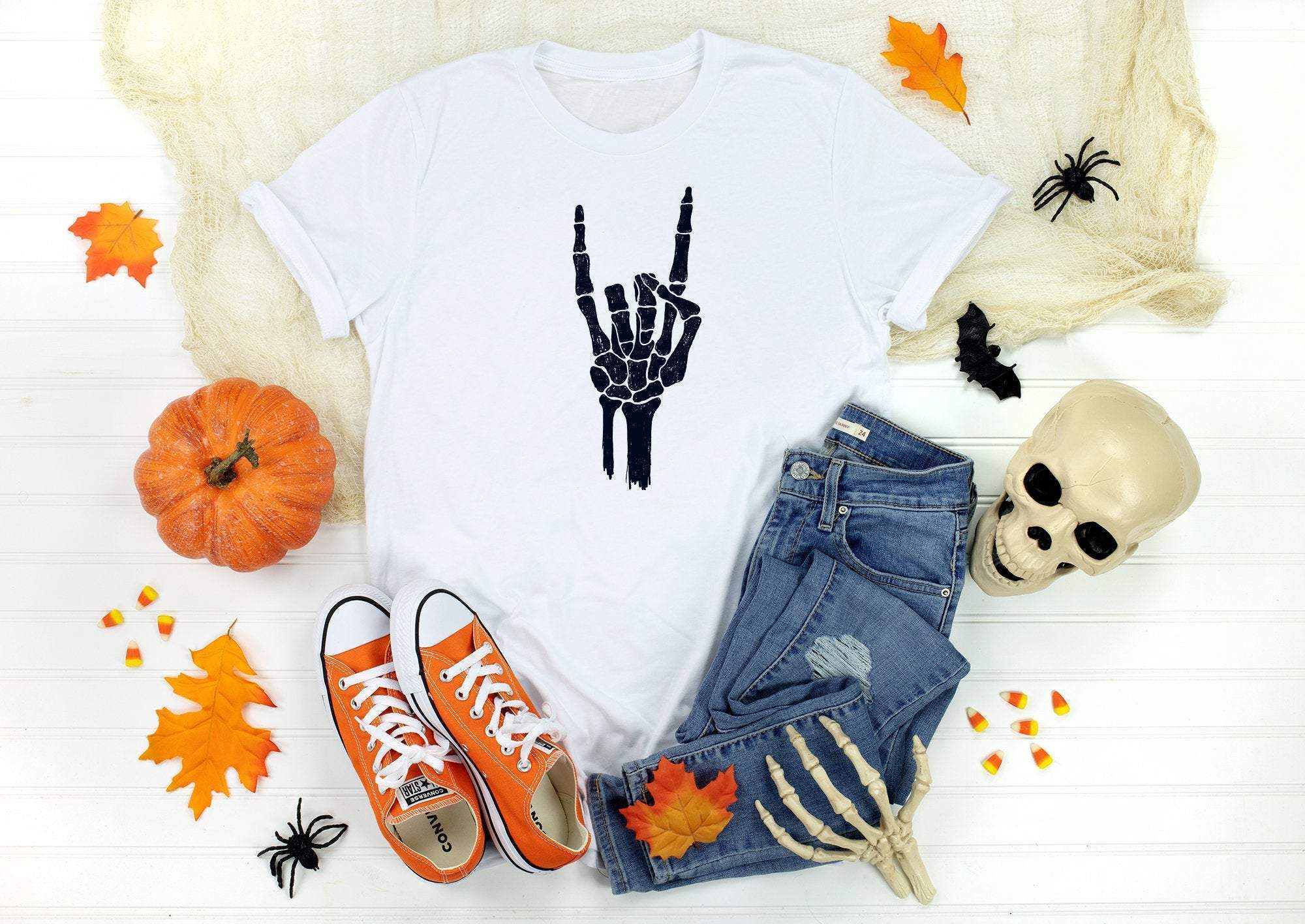 Skeleton T-Shirt, Halloween Costume, Rocker Hand Shirt, Suitable Whole Family