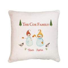 Snowman family portrait, Personalised Christmas cushion cover with the last name and names