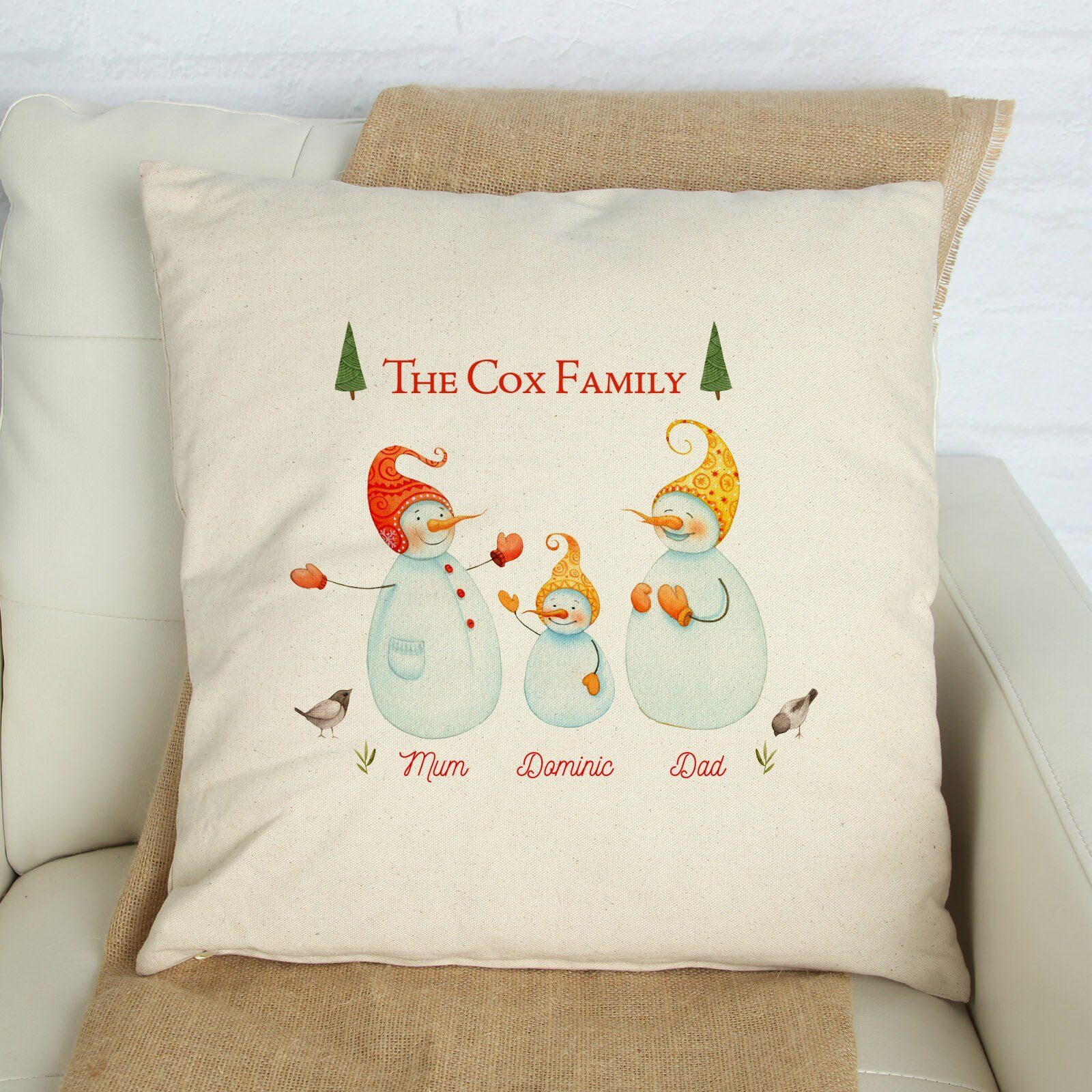 Snowman family portrait, Personalised Christmas cushion cover with the last name and names