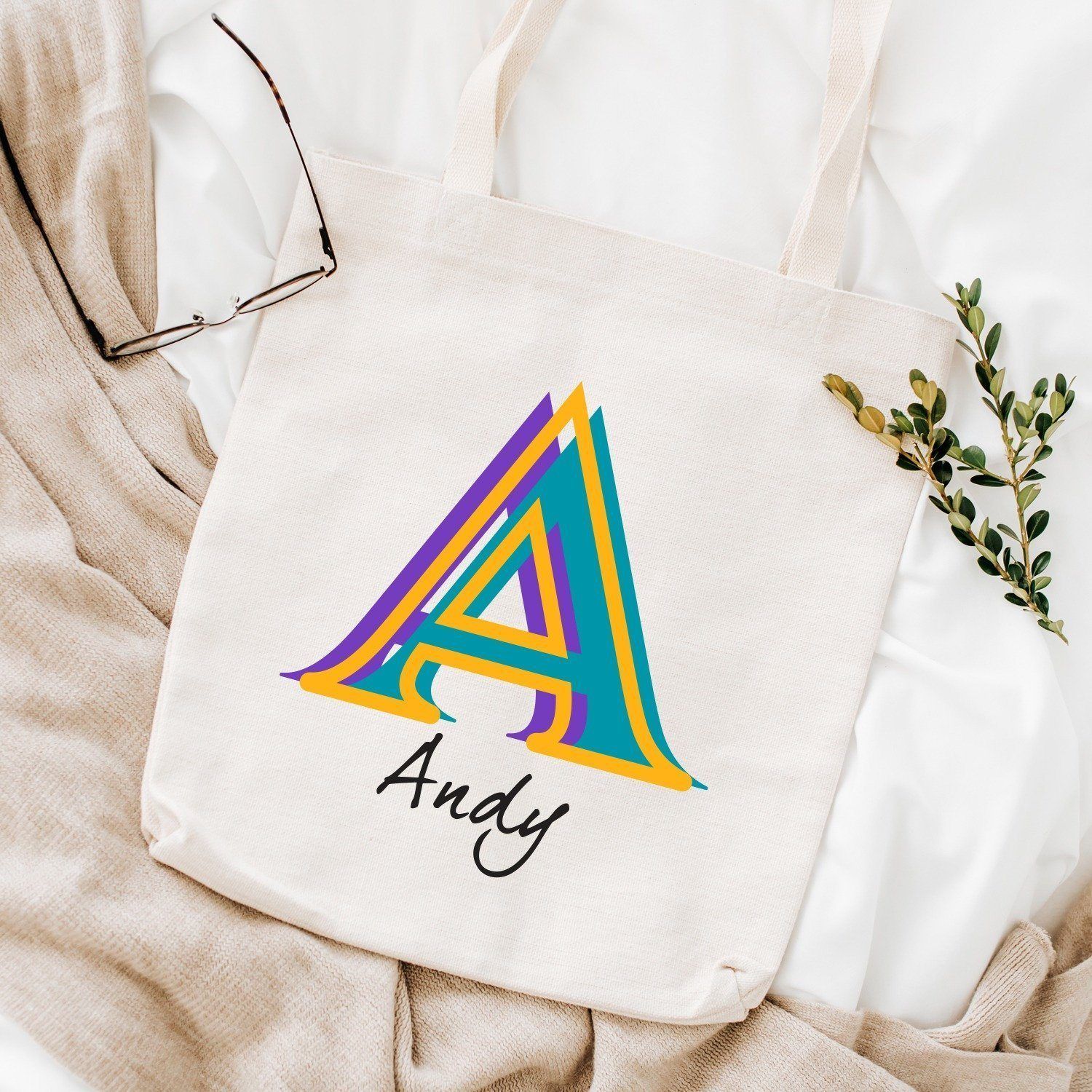Stylish tote bag with name and initial, Gift for her, Unique gift for women