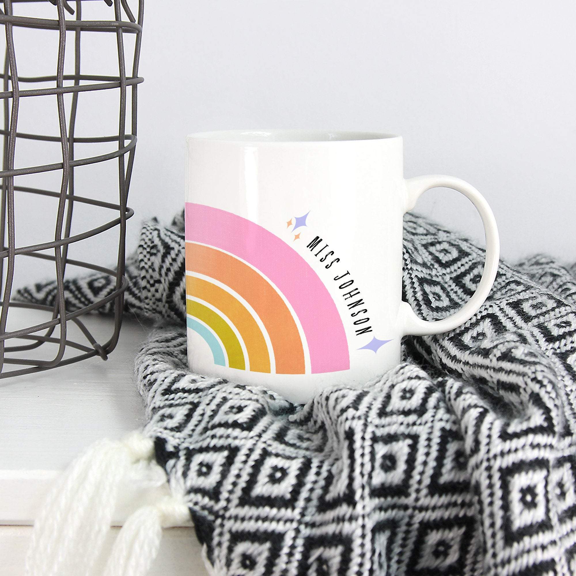 Teacher rainbow mug with name, Personalised teacher thank you gift