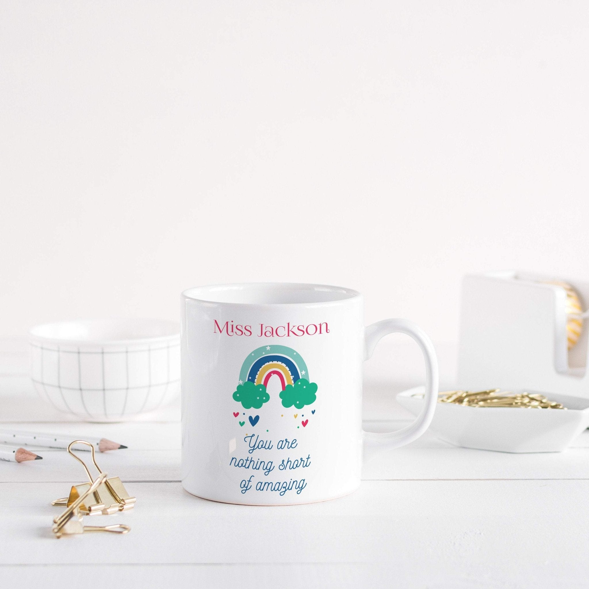Teacher rainbow mug with name, Personalised teacher thank you gift, Cute Teacher Appreciation Gifts