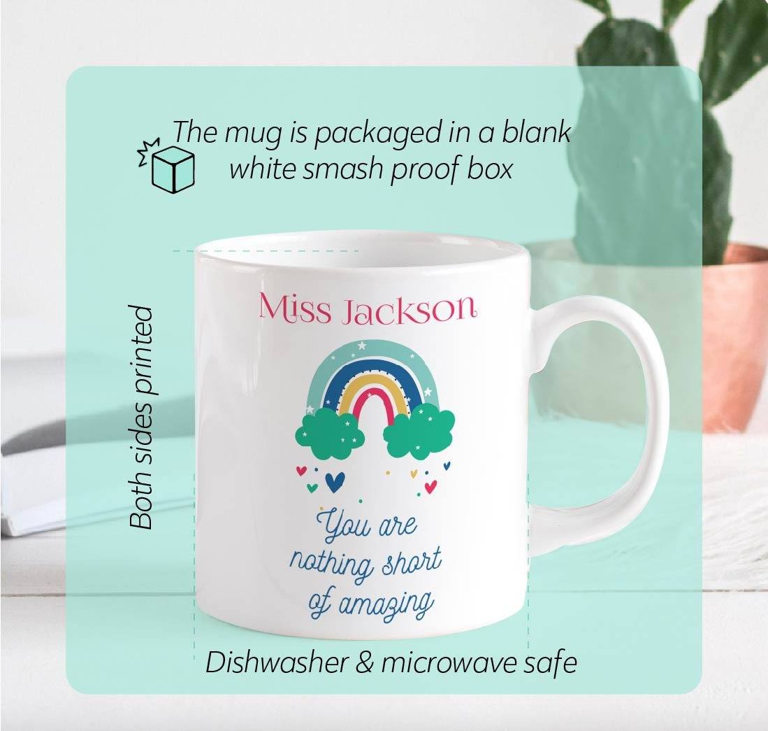 Teacher rainbow mug with name, Personalised teacher thank you gift, Cute Teacher Appreciation Gifts