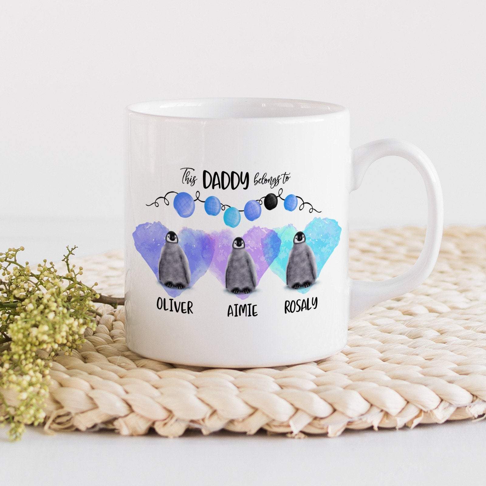This Daddy Belongs To Mug With Children Names, Little Penguins, Personalised Gift For Dad