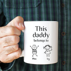 This daddy belongs to mug with kids names, Children's drawing, Personalised First Father's Day Gift