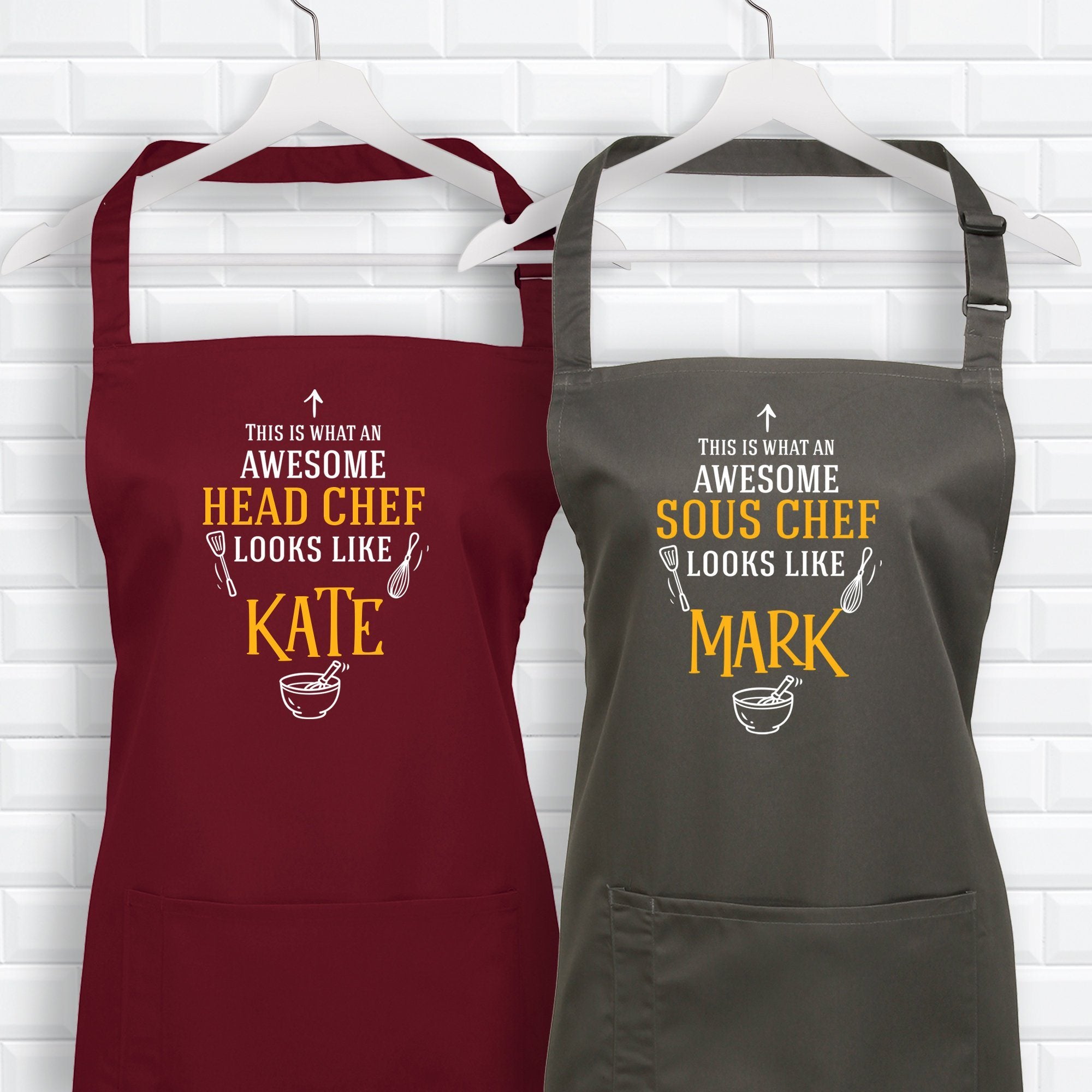 This is what an awesome head chef and sous chef aprons with names,SET OF 2