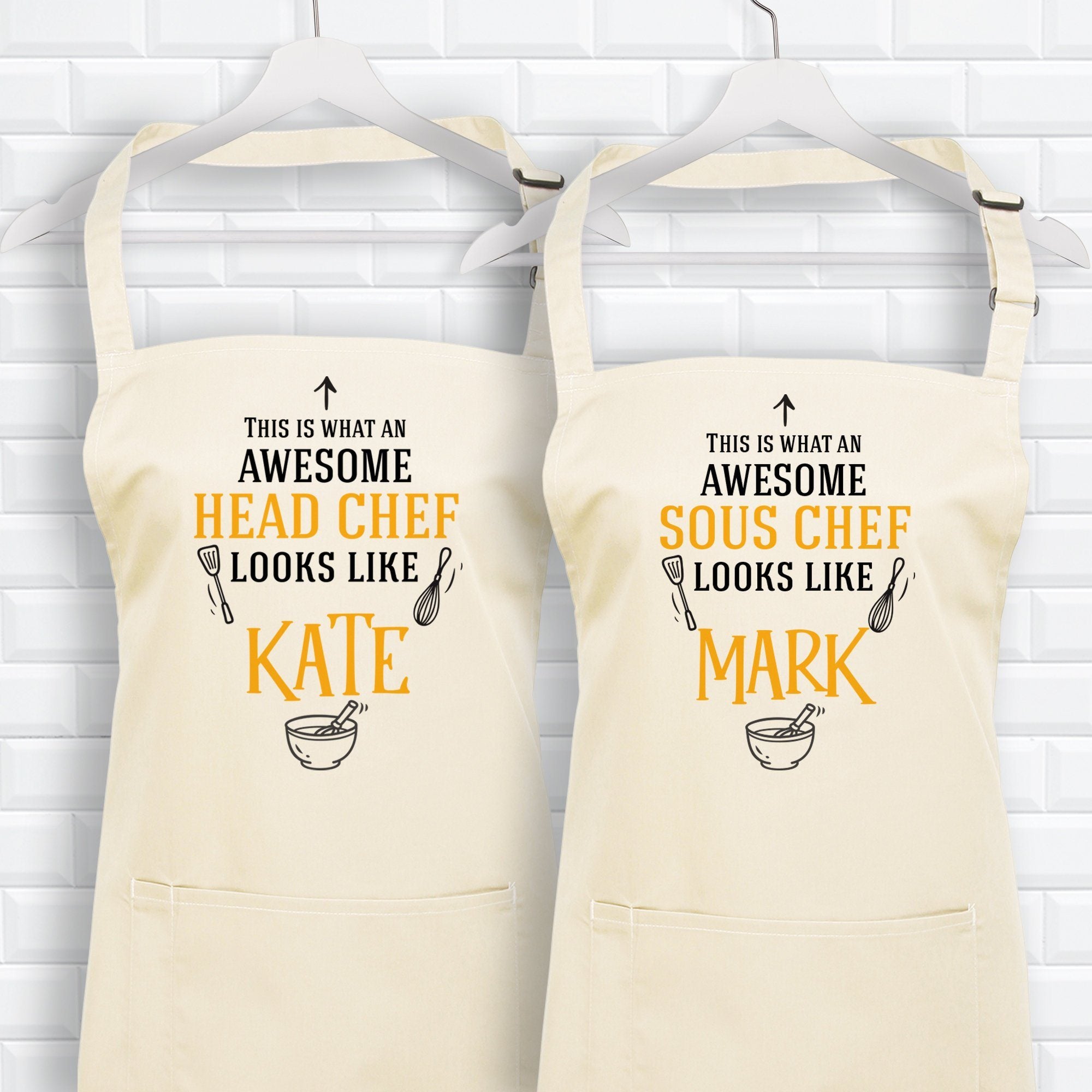 This is what an awesome head chef and sous chef aprons with names,SET OF 2