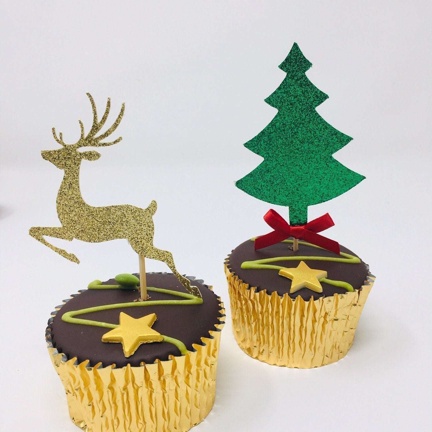 Tree Reindeer Christmas Cupcake Topper. 12 pieces