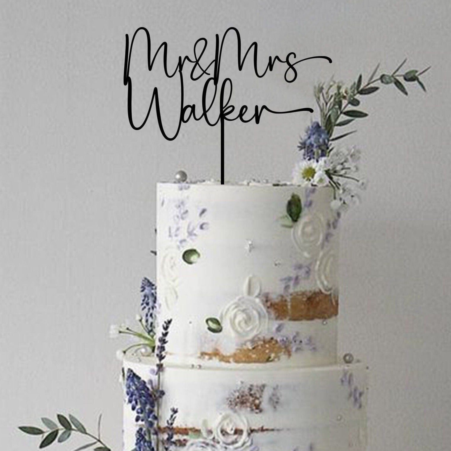 Mr & Mrs Wreath Wooden Wedding Cake Topper - Ella Celebration